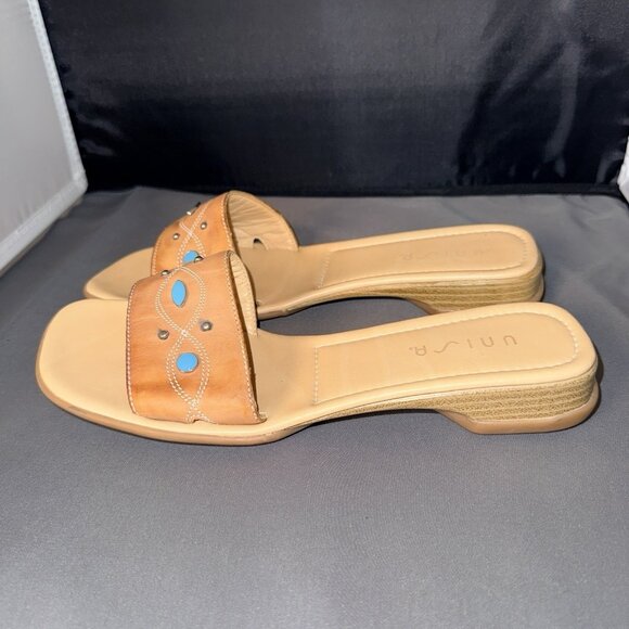 Unisa TONKA Slide Sandals Women’s 7B Chunky Heel Brown Leather Beaded Spain - Picture 2 of 5